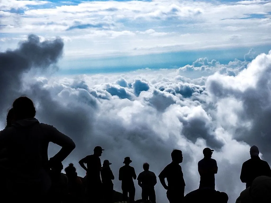 Silhouetted people standing on a high point, looking out over a sea of clouds under a pale blue sky