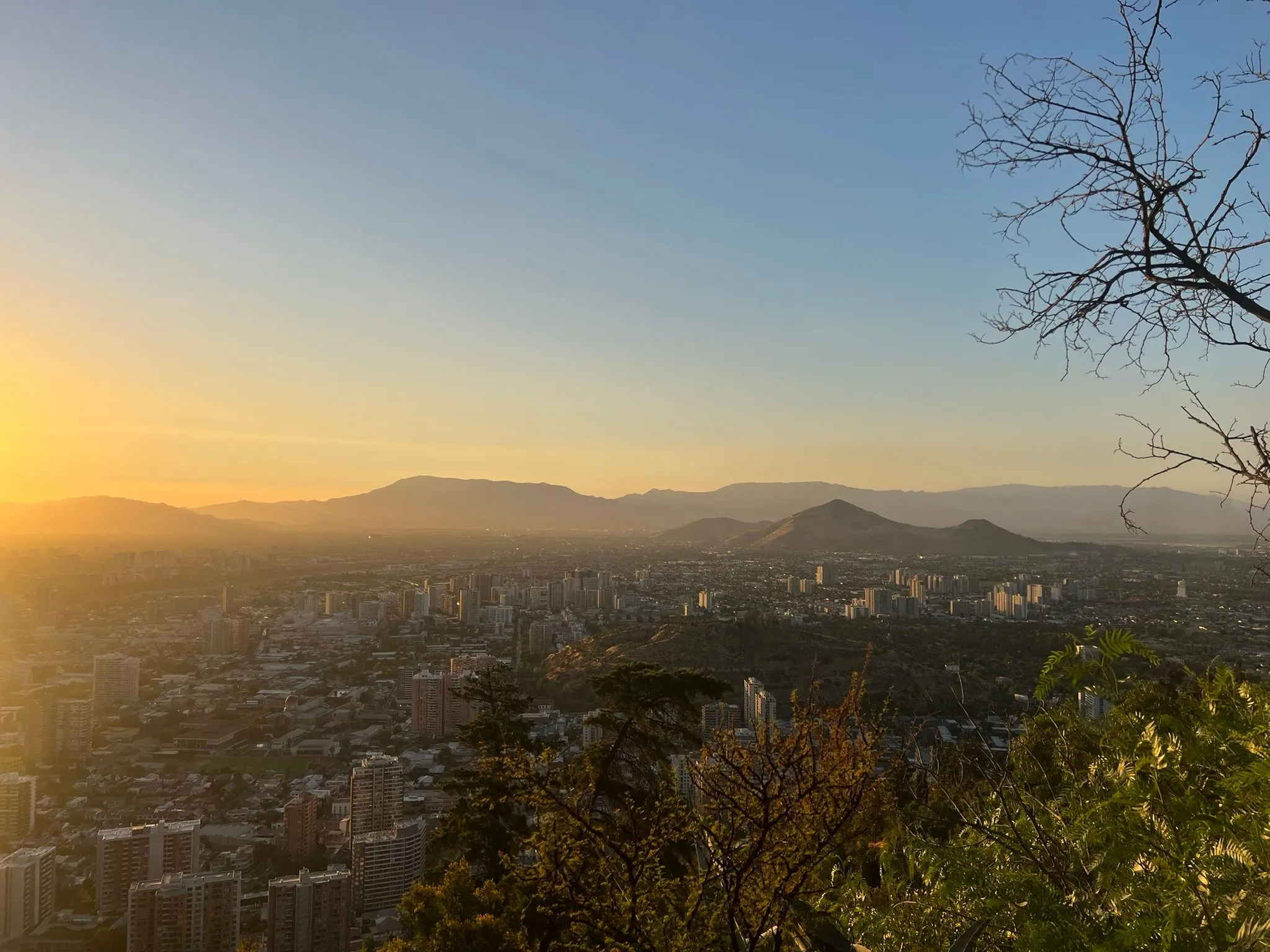 A city of high-rises spread across a valley at sunset, seen from a wooded hilltop, with hazy mountains beyond