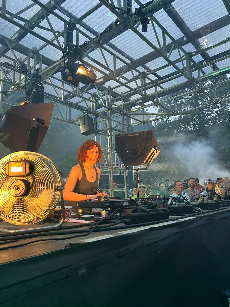 A DJ playing an open-air stage under a steel-truss roof, trees and haze behind, a crowd close to the booth